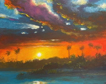 Unique, large, original painting by artist, acrylic on decorative, thick, stretched canvas, sides painted, ready to hang. Yucatan sunset 4.