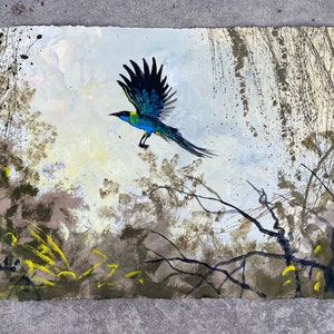 Pintura grande, original, acrílico sobre hoja de papel hecha a mano, gruesa y reciclada. Listo para enmarcar. "Pájaro azul despega h".