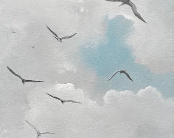 Seagulls Acrylic Painting: Coastal Sky Art, Ready to Hang