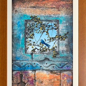 Original painting, large trompe-l&#39;oeil on artisan, handmade, thick, paper sheet. Ready to frame. &quot;Blue bird on old mexican window&quot;.