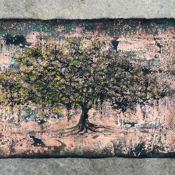 Large, Original, faux vintage mixed media painting on artisan, handmade, thick, paper sheet. Ready to frame. Horizontal copper tree.