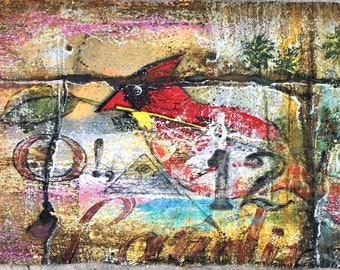 Cardinal Graffiti Painting: Large Mixed Media Art on Handmade Paper