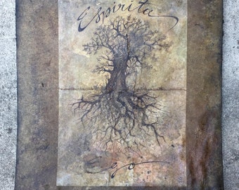 Original, faux vintage painting, mixed media on artisan, handmade, thick, paper sheet. Ready to frame. Spirit tree drawing.