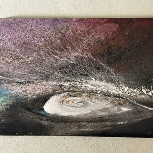 May include: Abstract painting with a swirling white and gold centre on a dark background with hints of purple and blue.