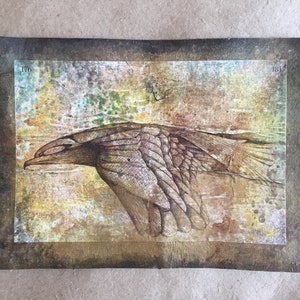 Original, pintura vintage falsa, técnica mixta sobre hoja de papel artesanal, hecha a mano, gruesa. Listo para enmarcar. Dibujo antiguo de halcones.