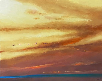 Unique, large, original painting by artist, acrylic on decorative, thick, stretched canvas, ready to hang. “Yucatan sunset with flamingos”.