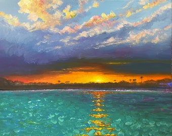 Unique, large, original painting by artist, acrylic on decorative, thick, stretched canvas, sides painted, ready to hang. Yucatan sunset 1.