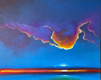 Unique, large, original painting by artist, acrylic on decorative, thick, stretched canvas, sides painted, ready to hang. Yucatan sunset 5.