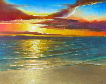 Unique, large, original painting by artist, acrylic on decorative, thick, stretched canvas, sides painted, ready to hang. Yucatan sunset 2.