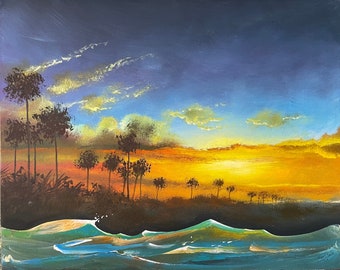Unique, large, original painting by artist, acrylic on decorative, thick, stretched canvas, sides painted, ready to hang. Yucatan sunset 3.
