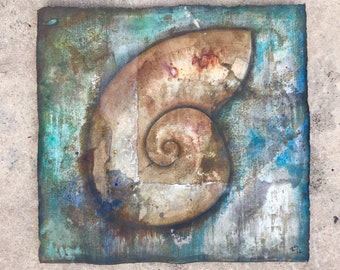 Grande peinture originale, acrylique sur feuille de papier faite à la main, épaisse, montée sur une civière en bois. Prêt à accrocher. Coquille Nautilus 1