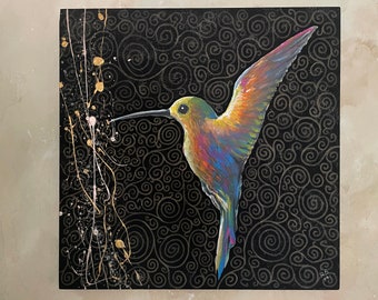 Original, unique painting, mixed media on canvas. Ready to hang. Colibrí ( hummingbird ).