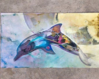 Playful Dolphin Painting: Large Mixed Media Art on Handmade Paper
