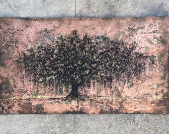 Gold Copper Tree Painting: Large Faux Vintage Mixed Media Art