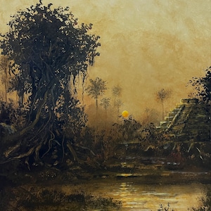 May include: A painting depicting a jungle scene with a large tree in the foreground, a river in the middle ground, and a stone structure in the background. The sun is setting in the distance, casting a warm glow over the scene.