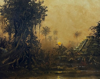 Large, original painting, executed with mixed media on decorative, thick, stretched canvas, ready to hang. “Mayan sunset with temple".