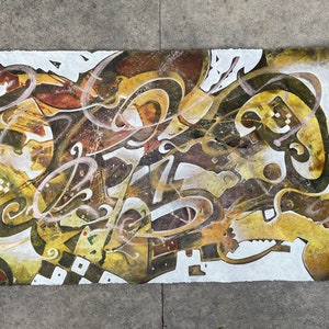 Original, grande, única, única en su especie. Improvisación abstracta con cobre y oro, pintura en técnica mixta sobre cartón reciclado hecho a mano.