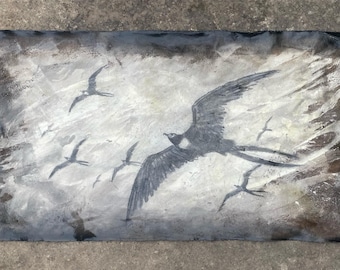 Charcoal Frigates Painting: Mixed Media on Handmade Recycled Paper