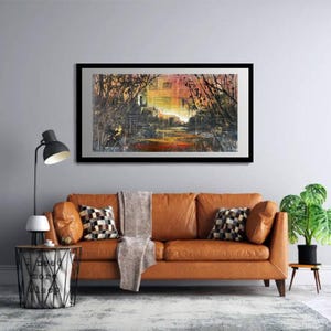 Gran paisaje abstracto original, pintura de técnica mixta sobre cartón grueso reciclado, hecho a mano y artesanalmente. Lista para enmarcar. «Buenas noticias».