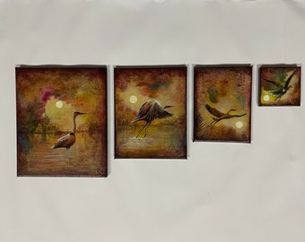 4 small original paintings by artist. mixed media on decorative stretched canvas, sides painted ready to hang. “Yucatan crane polyptych”.