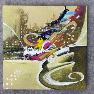 May include: Abstract painting with a cityscape in the background and a swirling, white, green, and yellow design in the foreground. The painting is signed "R.S. 24".