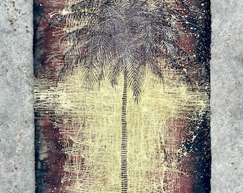 Palm Tree Painting: Gold Sunset, Mixed Media Art on Handmade Paper