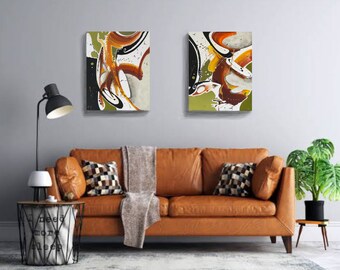 Large abstract diptych with gold, original, by artist, 2 abstract paintings mixed media on thick decorative canvas, ready to hang.