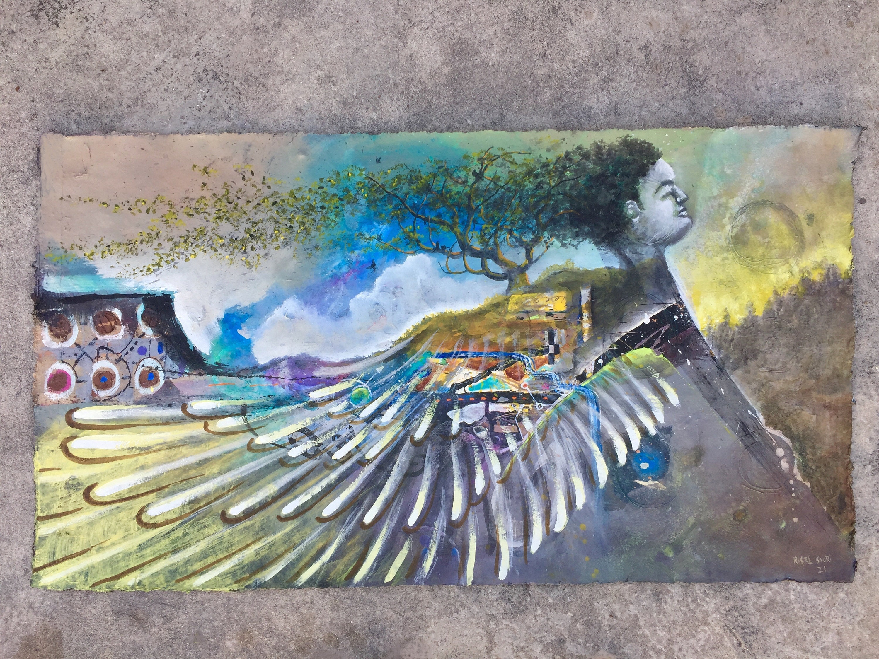 Acrylic Art & Collectibles Ready to frame. Large Original paper sheet thick Tan sun handmade