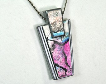 N15-48 Vibrant Pink Blue White and Silver Layered Polymer Clay Pendant Necklace