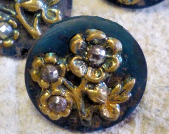 Vintage Metal Buttons with Floral Motif and Steelhead Centers