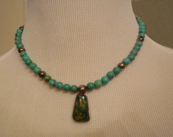 Turquoise and Silver Beaded Necklace with Unique Pendant
