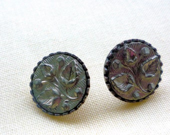 Two Silver Tone Metal Buttons with Leaf Pattern