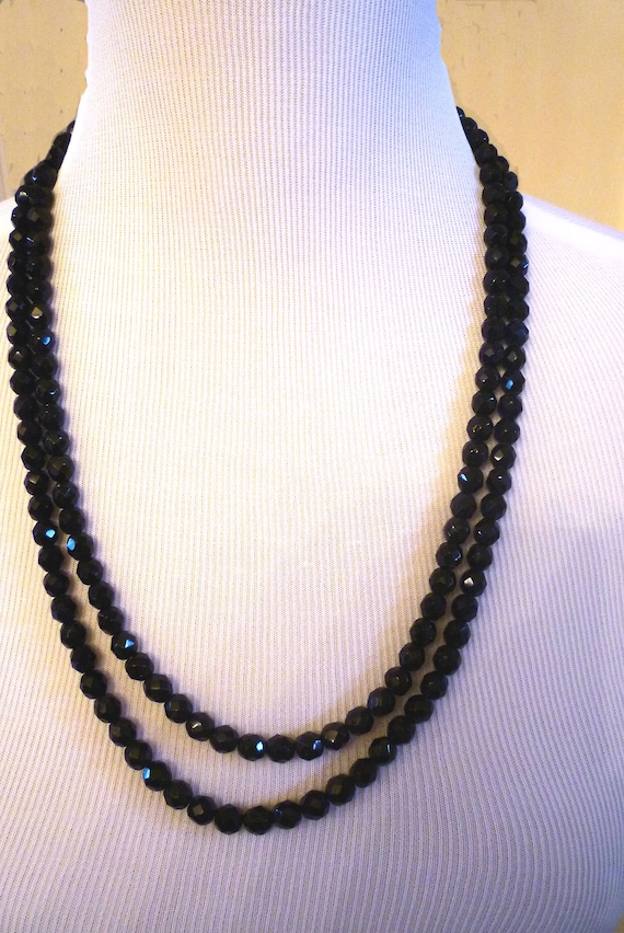 Double Strand Vintage Black Faceted Glass Beaded N