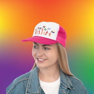 Pride Flag Trucker Hat - LGBTQ+ Rainbow Mesh Cap - Adjustable Snapback for Men/Women - Pride Parade Accessory