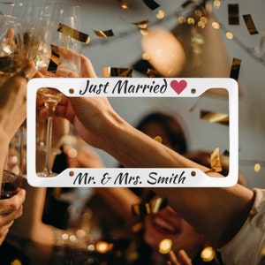 Just Married Personalized License Plate Frame – Custom Name Car Accessory – Wedding Day Newlywed Decor