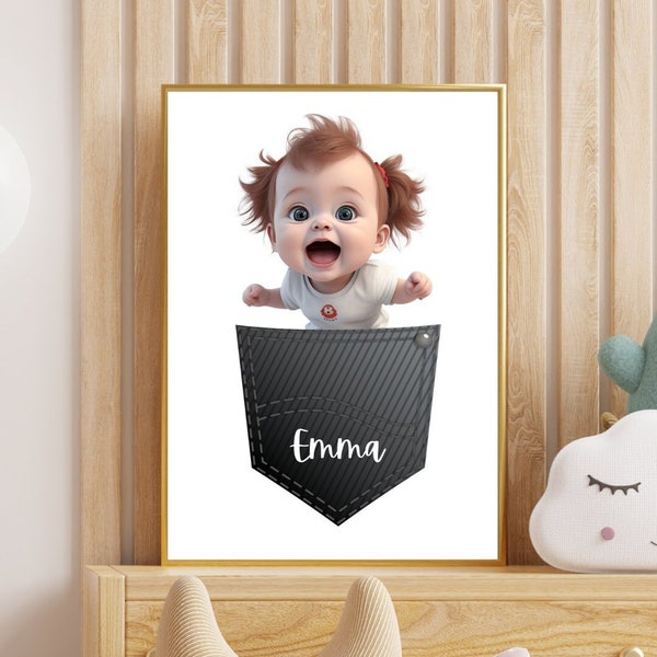 Affiche bébé surprise qui sort d'une poche personnalisable, décoration murale chambre d'enfant ou bébé. Cadeau de naissance ou de baptême.