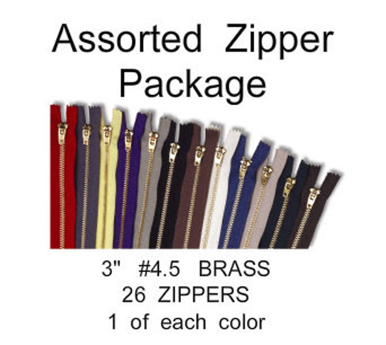 3 inch Brass Metal 3 Assorted Package 26 ZIPPERS YKK JEAN Zippers size 4.5