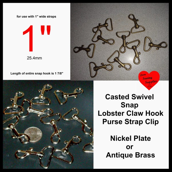 10 PIECES - 1" - Casted Swivel Snap Lobster Claw Hook, Purse Strap Clip - Nickel Plate or Antique Brass