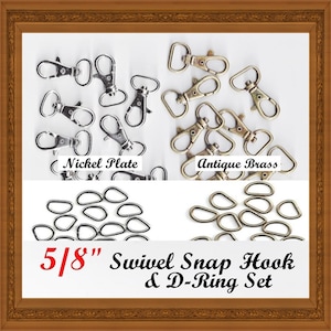 May include: A set of 5/8" swivel snap hooks and D-rings in nickel plate and antique brass finishes. The image displays silver-toned and bronze-toned metal hardware components arranged in groups, labeled as Nickel Plate and Antique Brass.