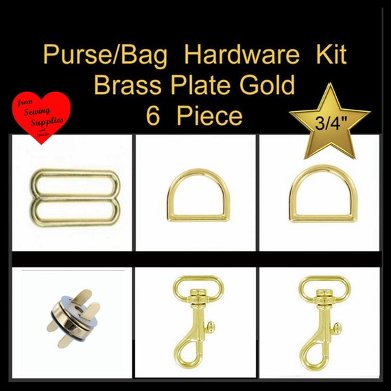 1 SET 6 Pieces 3/4 Brass or Nickel Plate Metal Handbag Purse Hardware Kit  Zinc Slide, Double D-ring and Swivel Snap Hook SET 