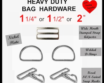 1 SET - 1.25", 1.5" or 2" - Heavy Duty Metal Handbag Hardware Kit - WIDE Mouth Adjuster, Double D Ring and Fixed Snap Hook SET - 5 piece set