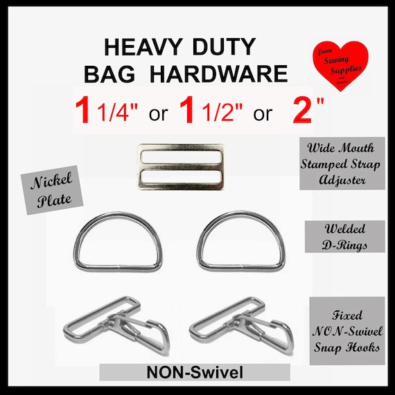 1 SET - 1.25", 1.5" or 2" - Heavy Duty Metal Handbag Hardware Kit - WIDE Mouth Adjuster, Double D Ring and Fixed Snap Hook SET - 5 piece set