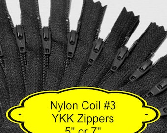 24 ZIPPERS - 5" or 7" - YKK Nylon Zippers - 5 inch or 7 inch - Size 3 - BLACK - Closed End - Non-separating