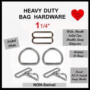 1 SET - 1.25", 1.5" or 2" - Heavy Duty Metal Handbag Hardware Kit - WIDE Mouth Adjuster, Double D Ring and Fixed Snap Hook SET - 5 piece set 1.25" - NICKEL PLATE
