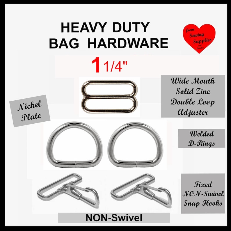 1 SET - 1.25", 1.5" or 2" - Heavy Duty Metal Handbag Hardware Kit - WIDE Mouth Adjuster, Double D Ring and Fixed Snap Hook SET - 5 piece set 1.25" - NICKEL PLATE