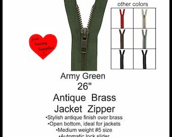 1 - 26" - size #5 - ANTIQUE BRASS - YKK Jacket Zipper - Open End - Separating - Army Green,  Red, Beige, Brown, Gray, Navy, Black