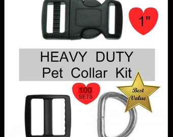 SUPER SALE - 100 SETS - 1" - Dog Collar Kit - Wide mouth, 300 Pieces - Black - Heavy Duty Hardware - With or without keepers