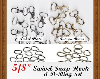 10 or 20 SETS - 5/8" - WRISTLET Hardware, Purse Strap Clip, 5/8 Inch D ring and 5/8 Inch Swivel Trigger Snap Lobster Claw Hook, 15.8mm