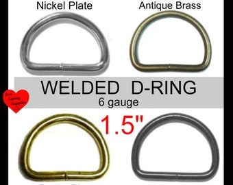 10 PIECES - 1 1/2" - WELDED D Rings, Metal, 1.5, 38mm - 6 gauge - Steel - Black, Antique Brass, Nickel or Brass Plate