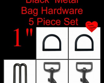 1 SET - (5 pieces) - 1" - BLACK METAL Bag Hardware - 1 Zinc Slide Adjuster, 2 Zinc D Rings and 2 Casted Swivel Snap Hooks